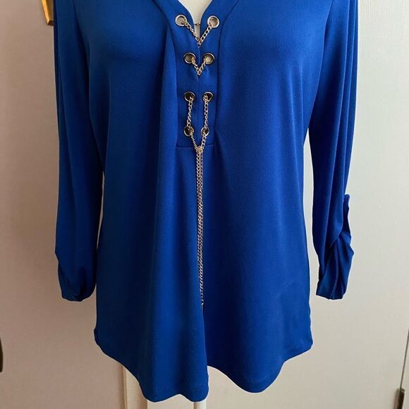 Jules & Leopold Royal Blue Chain Lace-Up Blouse | V-Neck, Roll Tab Sleeves | Siz - Picture 3 of 9
